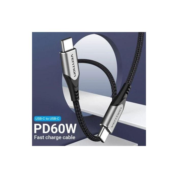 Cable USB 2.0 Tipo-C Vention TADHG/ USB Tipo-C Macho - USB Tipo-C Macho/ Hasta 60W/ 480Mbps/ 1m/ Gris 1