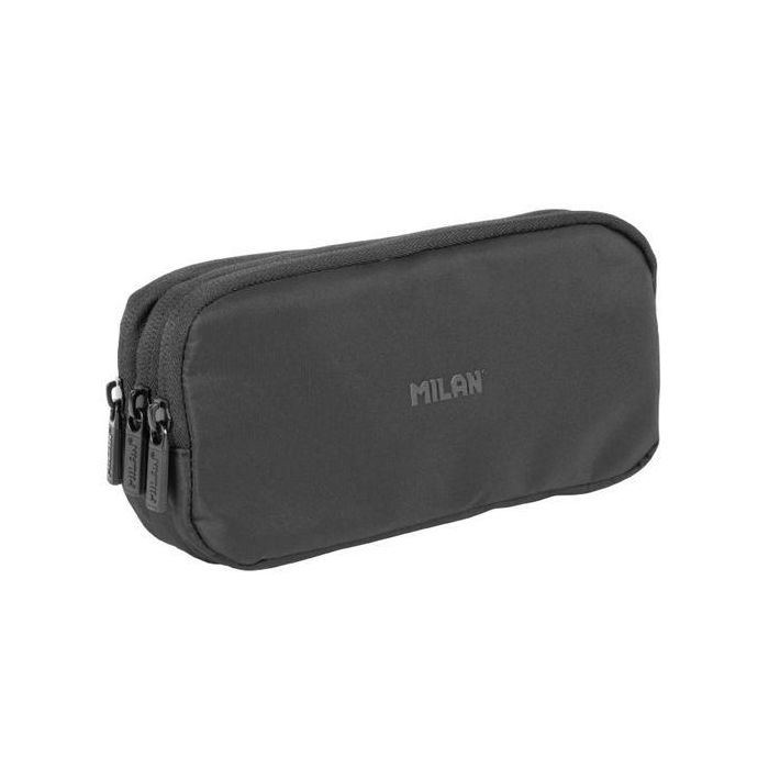 Milan Estuche Portatodo Escolar Serie Shadow Negro con 3 Cremalleras y 3 Amplios Compartimentos de Poliéster 22x11x6,5 cm