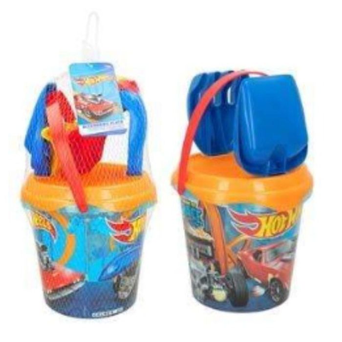 Cubo de playa hot wheels 18 cm con cedazo, pala, rastillo y 2 moldes en red