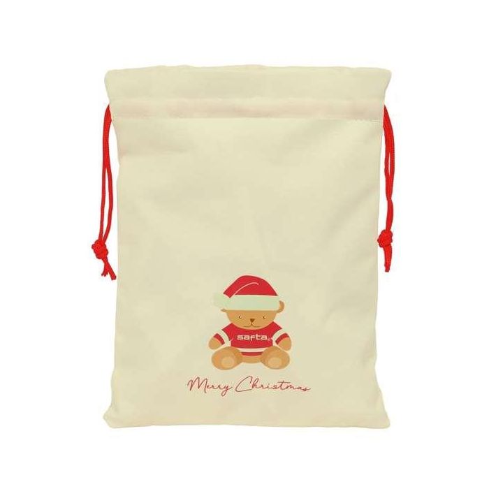 Safta Saquito Plano Osito Beige Felices Fiestas 26x34x1cm