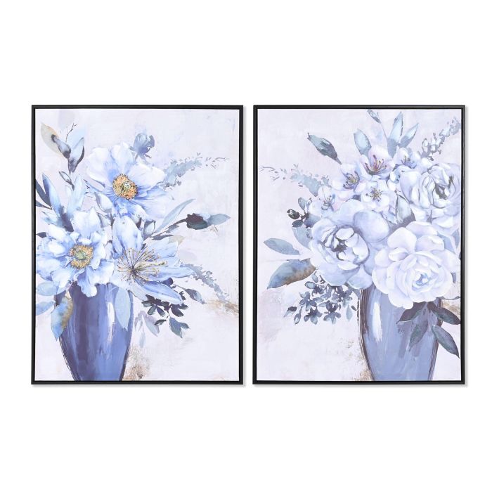 DKD Home Decor Cuadro Tradicional con Florero Hecho a Mano en Lienzo Azul y Blanco 80x60 cm (2 Unidades)