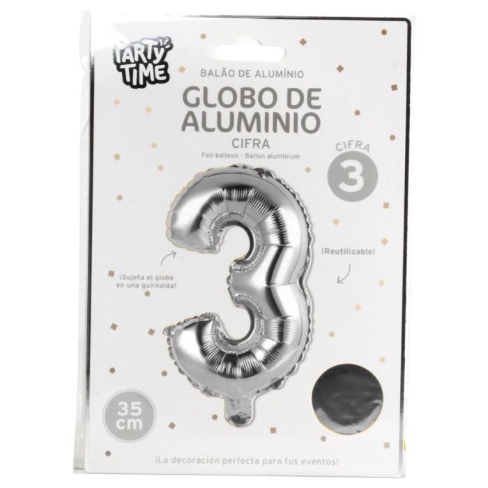 Globo Cifra 3 Plata Party Time altura 35 cm 1 Globo Cifra 3 Plata Party Time altura 35 cm 1