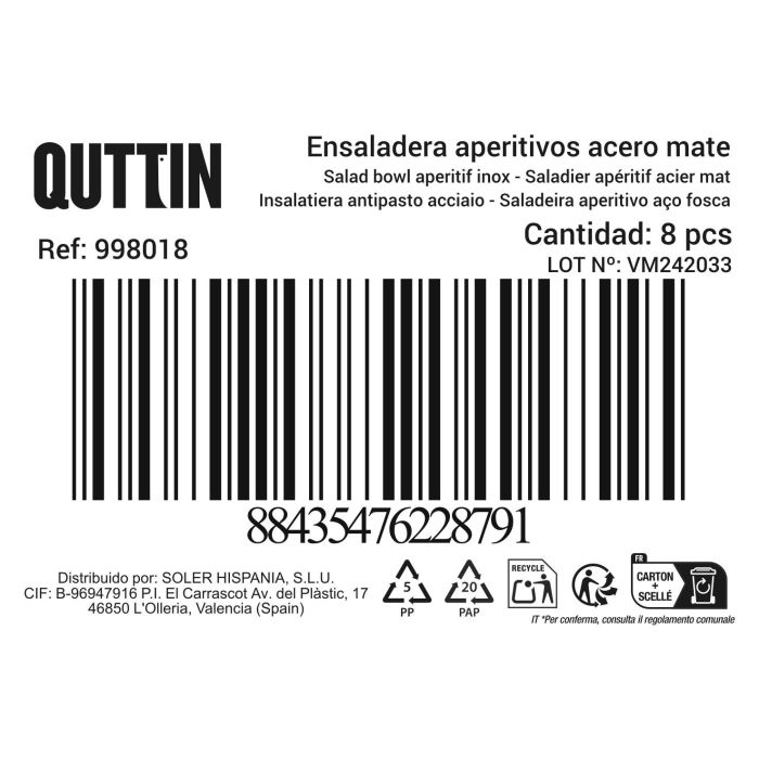 Ensaladera Aperitiva de Acero Mate 24 cm Quttin (8 Unidades) 3 Ensaladera Aperitiva de Acero Mate 24 cm Quttin (8 Unidades) 3
