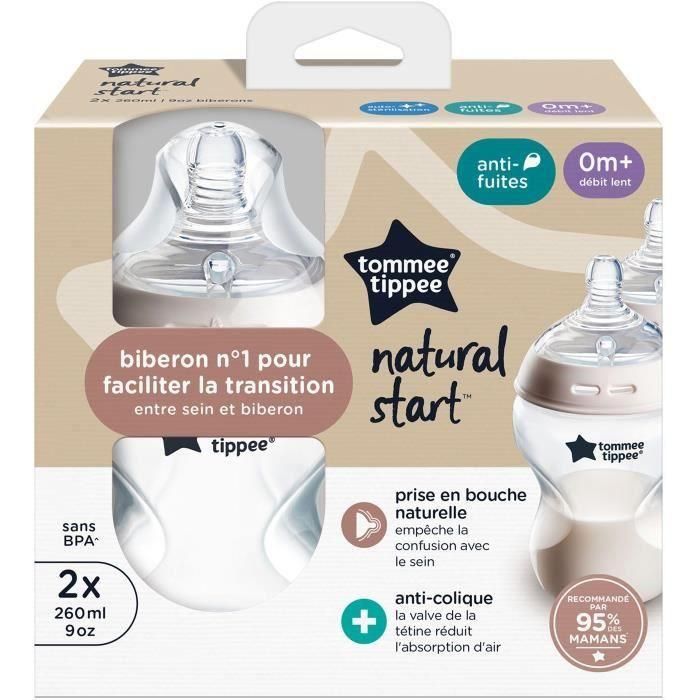 Biberones - TOMMEE TIPPEE - NATURAL START - 260 ml - Anticólicos - Tetina imitando la forma del pecho - Pack de 2 1