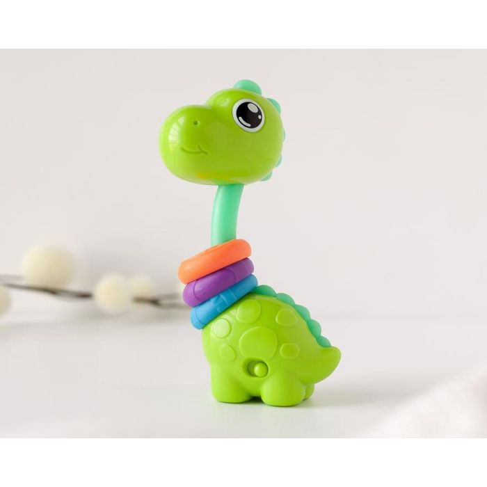 KioKids Mordedor Musical Dinosaurio Multicolor para Bebés con Sonajero, Gira 360º, Plástico Verde, Alivia Dentición +3 Meses