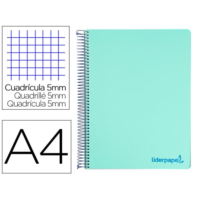 Cuaderno Espiral Liderpapel A4 Micro Wonder Tapa Plastico 120H 90 gr Cuadro 5 mm 5 Banda4 Taladro Color Verde Turquesa