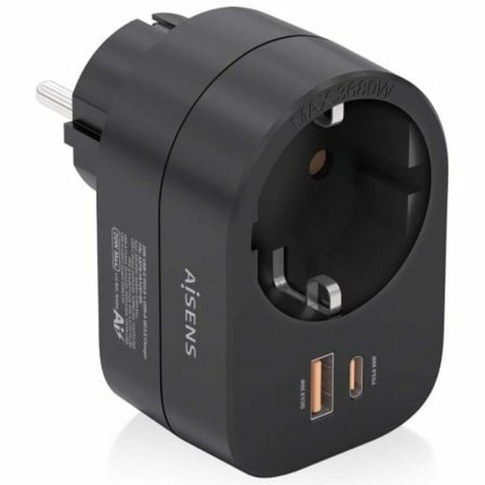 AISENS - REGLETA DE PARED MULTIFUNCION CON 1 TOMA + 1xUSB-C 20W PD3.0, 1xUSB-A 20W QC3.0, NEGRO