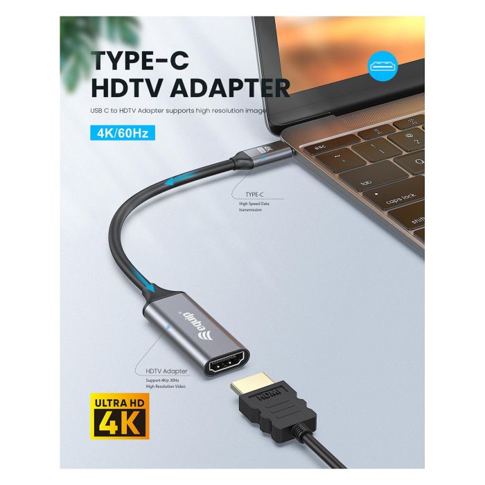 Equip Adaptador USB-C a HDMI 2.0, Cable Macho/Hembra 15 cm, 4K Ultra HD a 60 Hz, 3840x2160, Compatible con Thunderbolt 3/4, Plug and Play, Carcasa Aluminio