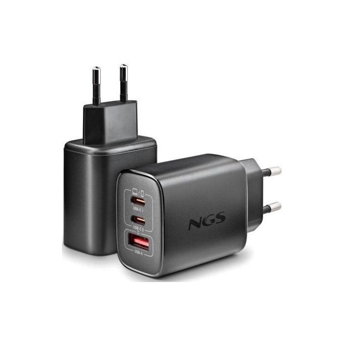 NGS Cargador Pared GaN ERA 65W BLACK 2xUSB Tipo-C, 1xUSB-A Carga Rápida Ultrarrápida 65W 2