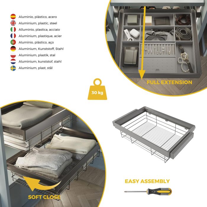 Emuca Kit de cajón de alambre y bastidor regulable Quartz para armarios, guías de cierre suave y extracción total, Módulo 80cm, Acabado Titanio 6