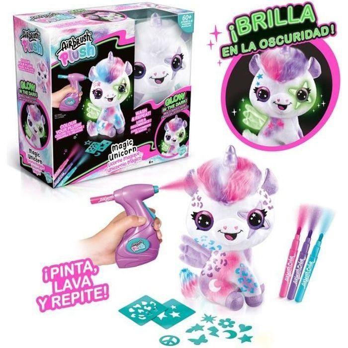 Peluche Unicornio con Aerógrafo que Brilla en la Oscuridad para Personalizar - Peluche Spray Art con Rotuladores y Plantillas - OFG 274 - Canal Toys