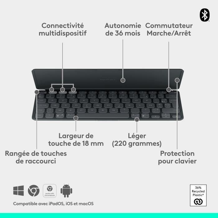 Teclado portátil - Inalámbrico - Logitech - Keys-To-Go 2 - para Tablet - AZERTY - Grafito 5