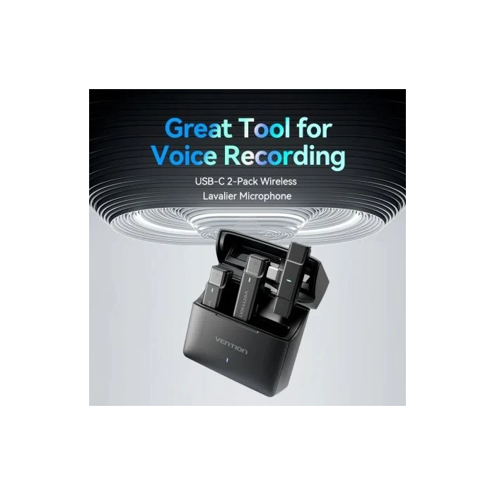 Vention NCAB0 Micrófono Inalámbrico con Clip, USB Tipo-C, Receptor Incluido, Paquete de 2 Unidades, Negro 1