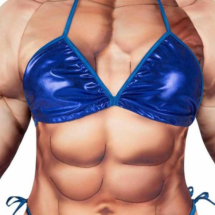 Disfraz culturista mono con relleno, bikini y placa de concursante talla one size 5 Disfraz culturista mono con relleno, bikini y placa de concursante talla one size 5