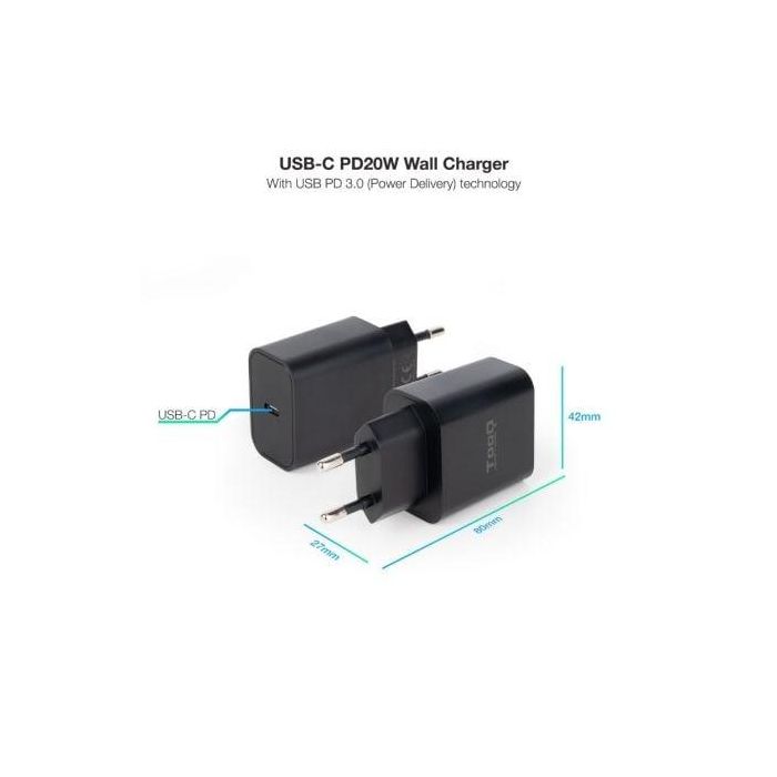 TooQ TQWC-PDUSBC20B Cargador de Pared USB-C Power Delivery 20W Negro 1 TooQ TQWC-PDUSBC20B Cargador de Pared USB-C Power Delivery 20W Negro 1