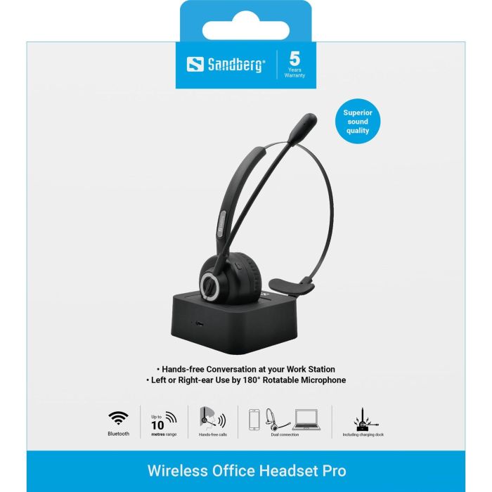 Sandberg Wireless Office Headset Pro Auriculares Inalámbricos Bluetooth con Micrófono y Base de Carga Magnética 1
