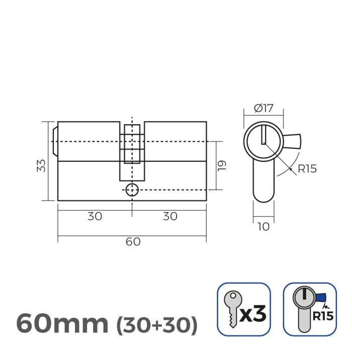 Edm Cilindro Bombín 60 mm (30+30 mm) Niquelado Leva Larga R15 con 3 Llaves de Serreta Incluidas Edm Cilindro Bombín 60 mm (30+30 mm) Niquelado Leva Larga R15 con 3 Llaves de Serreta Incluidas