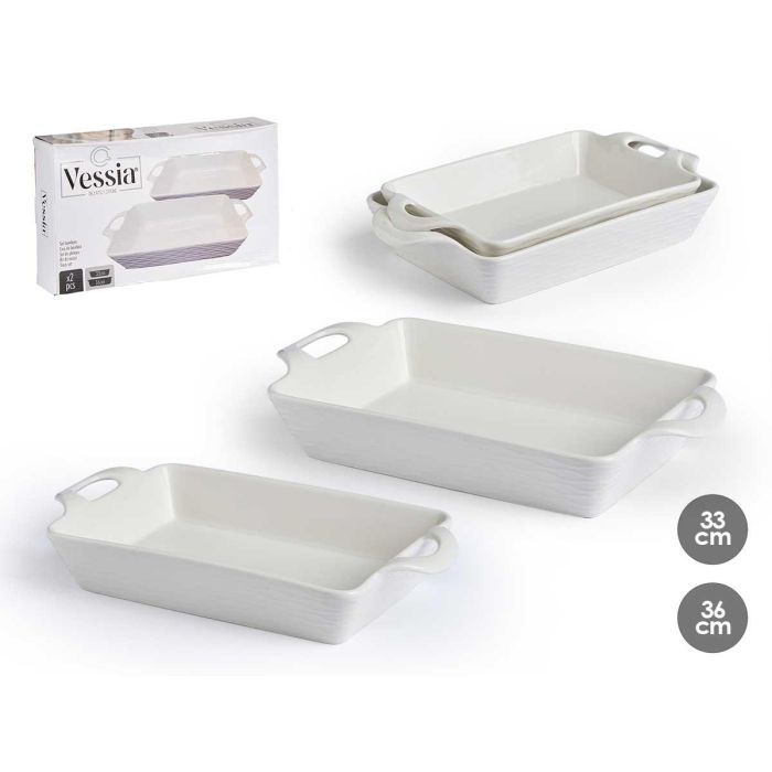 Vessia Set de 2 Bandejas Rectangulares con Asas Abiertas, Porcelana Blanca, 20x35.5x6 cm (6 Unidades) Vessia Set de 2 Bandejas Rectangulares con Asas Abiertas, Porcelana Blanca, 20x35.5x6 cm (6 Unidades)