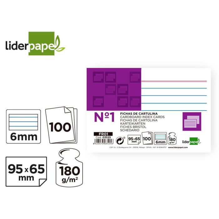 Ficha Liderpapel Rayada Nº1 65x95 mm 180 gr-M2 Paquete De 100 Unidades 2