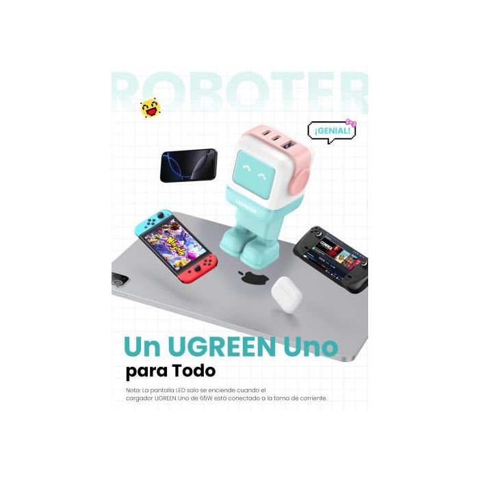 UGREEN Cargador Rápido GaN 65W 3 Puertos USB C/A con Pantalla LED, Azul - Ref. 35855 7