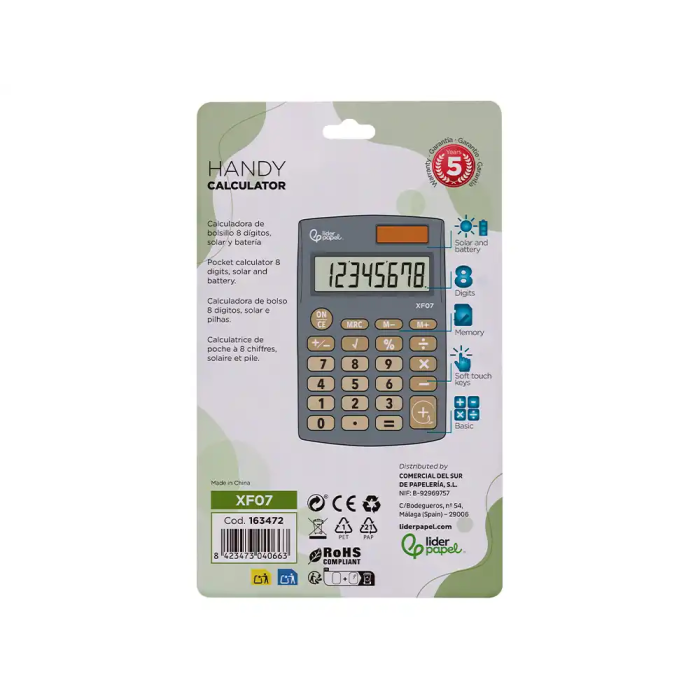 Liderpapel xf07 Calculadora de Bolsillo 8 Dígitos Solar y Pilas Gris 98x62x8 mm 4