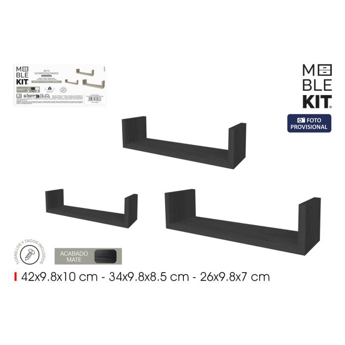 Moblekit Set 3 Estantes Flotantes Negros 42x9.8x10 cm, 34x9.8x8 cm para Organización (6 Unidades)