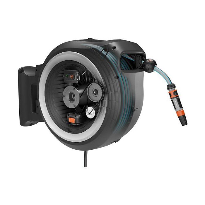 Gardena P4A S w 40m 2.5Ah/18V Enrollador de manguera con batería XXL para pared, 40 m, Negro