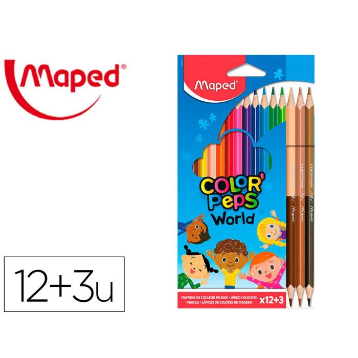 Lapices De Colores Maped Color Peps World Caja De 12 Colores Surtidos + 3 Duo Tonos De Piel