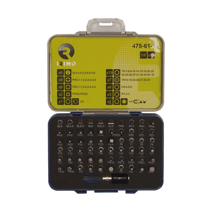 Irimo Juego puntas 1/4" con portapuntas magnético, 61 piezas 475-61-1 para tornillos ranurados, Phillips, Pozidriv, Torx® 0 Irimo Juego puntas 1/4" con portapuntas magnético, 61 piezas 475-61-1 para tornillos ranurados, Phillips, Pozidriv, Torx® 0