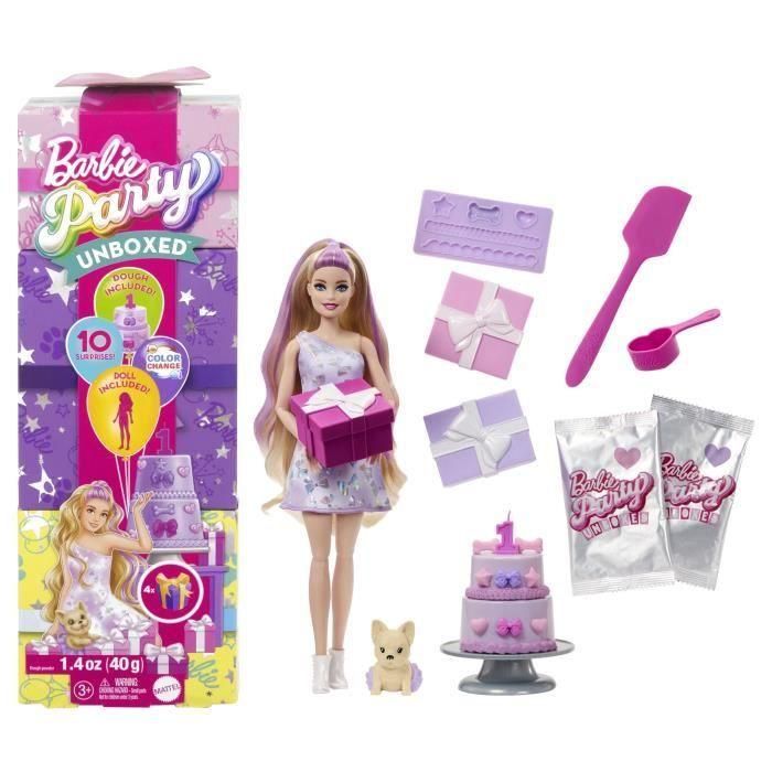 Muñeca barbie party reveal. muñeca morada con sorpresas