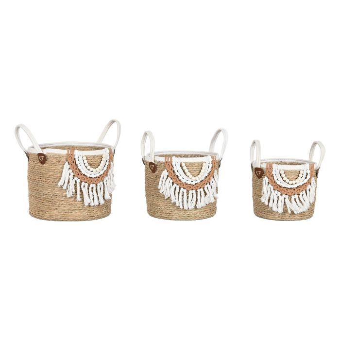 DKD Home Decor Cesta de Almacenamiento Boho Natural/Blanco de Fibra y Algodón 33x38x33 cm, Set de 3 Unidades