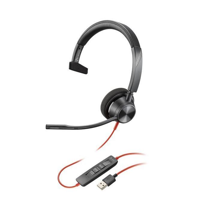 HP Poly Auriculares Blackwire 5220 Diadema Binaural con Micrófono Control de Volumen Cable USB y Jack 3,5 mm Negro-Rojo