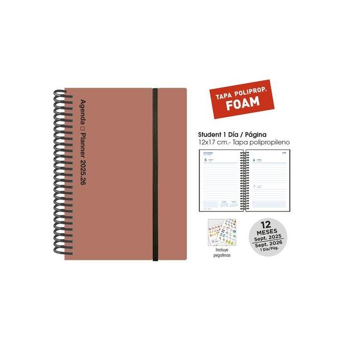 Agenda Escolar (2025-26) Senfort Student Foam Espiral Tapa Pp Con Goma 120X170 D/P Terracota