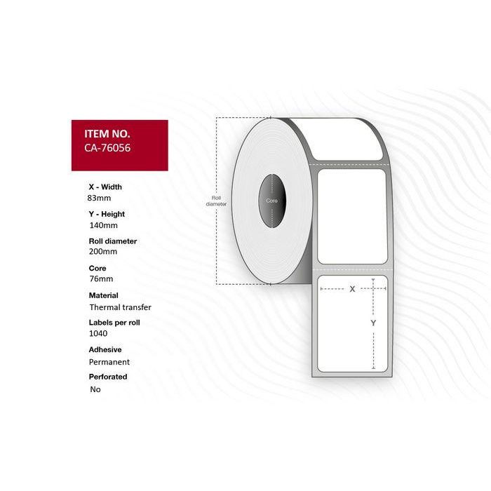 Capture 76056 Etiqueta Z-Select 2000T Transferencia Térmica Recubierta, Permanente 83x140mm Núcleo 76mm, 1040 Etiquetas/Rollo, 6 Rollos/Caja