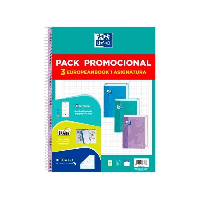 Oxford Cuaderno Europeanbook 1 Touch Write&Erase A4 80 Hojas, Tapa Extradura, Cuadrícula 5x5, Pack 3 Unidades