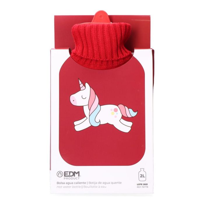 Edm Bolsa de Agua Caliente 2L Modelo Unicornio Roja con Funda de Lana 1