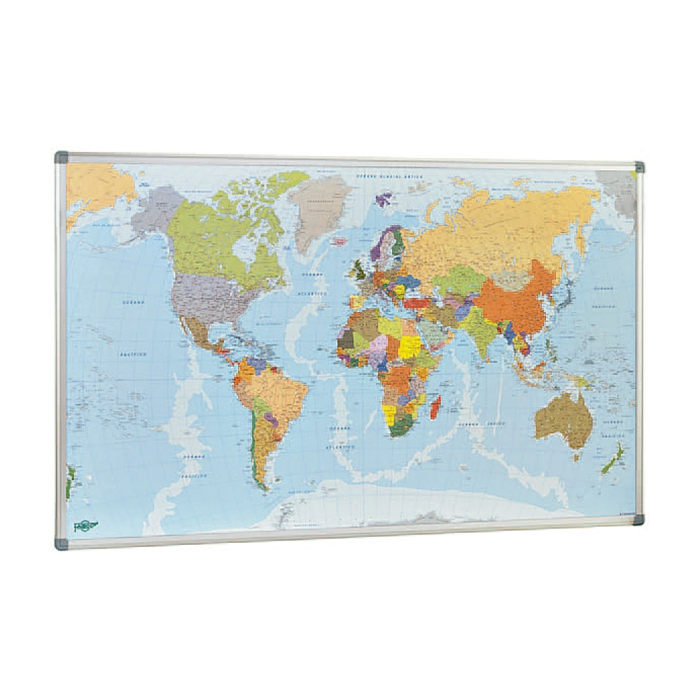 Faibo Mapa Mural Planisferio Político Magnético con Marco de Aluminio y Cantoneras de Protección 84x140 cm 1
