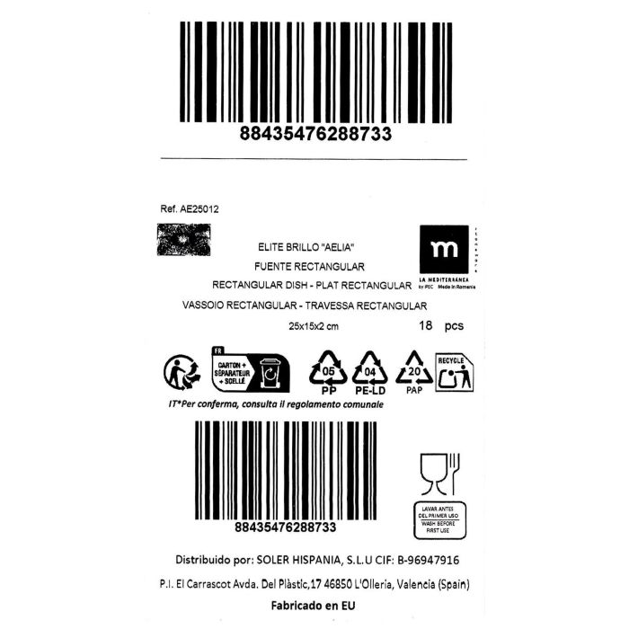 La Mediterranea Fuente Rectangular Aelia Elite Brillo 25 x 15 cm (18 Unidades)