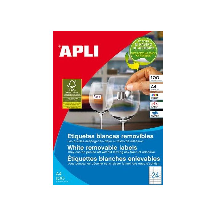 Apli Etiquetas Removibles Blanco 64,6x33,8 mm para Inkjet y Láser, Pack de 100 Hojas (2.400 Etiquetas)