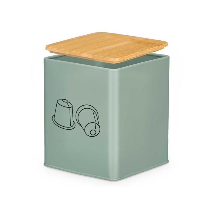Kinvara Tarro Cuadrado con Tapa de Bambú, Portacápsulas de Metal, Verde Menta, 14x16.5x14 cm (12 Unidades) 1 Kinvara Tarro Cuadrado con Tapa de Bambú, Portacápsulas de Metal, Verde Menta, 14x16.5x14 cm (12 Unidades) 1