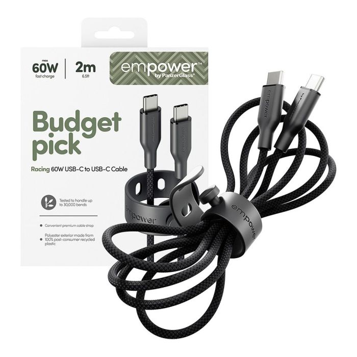 PanzerGlass empower by Racing Cable USB-C a USB-C 60W, 2 metros, USB 2.0, Color Negro Space Black 4 PanzerGlass empower by Racing Cable USB-C a USB-C 60W, 2 metros, USB 2.0, Color Negro Space Black 4
