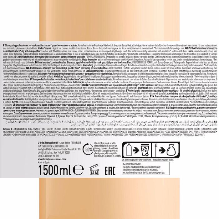 L'Oreal Champú Absolut Repair Gold Reparador Fortalecedor Cabello Dañado con Proteína de Quinoa Dorada 1500ml Nuevo Formato
