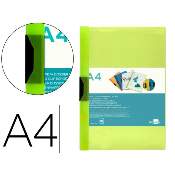 Carpeta Liderpapel Dossier Pinza Lateral 45303 Polipropileno Din A4 Verde Cla30 Hojas Pinza Deslizante