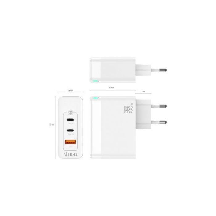 Aisens Cargador GaN 100W con 2 USB-C PD3.0 QC4.0 QC5.0 y 1 USB-A QC3.0, Blanco 3 Aisens Cargador GaN 100W con 2 USB-C PD3.0 QC4.0 QC5.0 y 1 USB-A QC3.0, Blanco 3