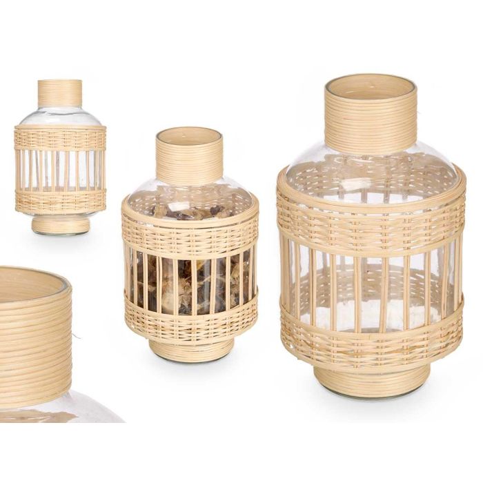 Botella de vidrio con rattan Giftdecor 16x27.5x16 cm, transparente y natural (6 Unidades)