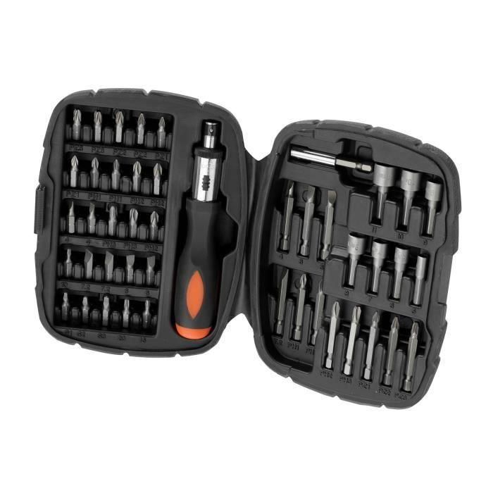 Black+Decker Kit Atornillar 45 piezas con destornillador de trinquete, soporte magnético, puntas Torx Phillips planas Hex y vasos