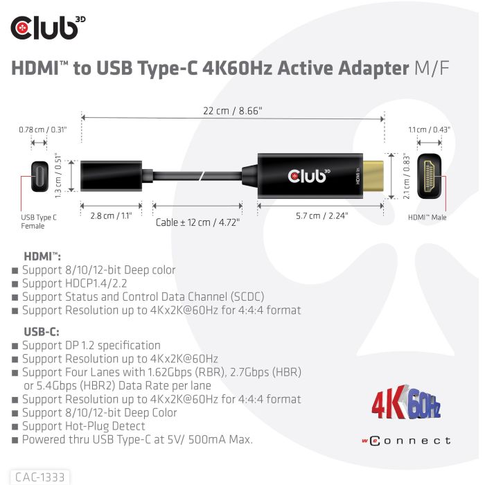 Club 3D Adaptador HDMI 2.0 a USB-C CAC-1333, 4K 60Hz Activo 3