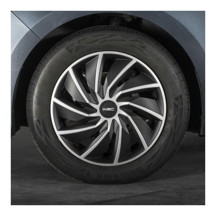 WRC Juego de 4 Tapacubos Bicolores 14 Pulgadas Negro Mate y Gris Plateado Diseño Deportivo TURBO en ABS 4 WRC Juego de 4 Tapacubos Bicolores 14 Pulgadas Negro Mate y Gris Plateado Diseño Deportivo TURBO en ABS 4