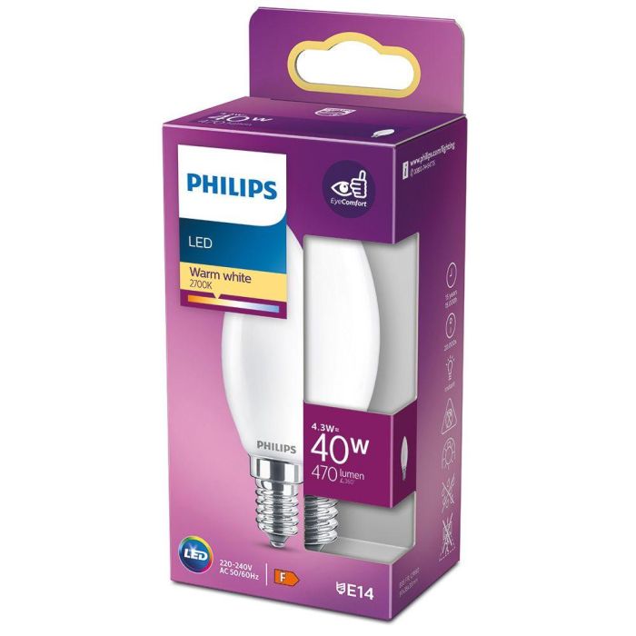 Philips Bombilla Vela LED E14 4,3W 470lm 2700K Luz Calida Ø3,5x9,7cm