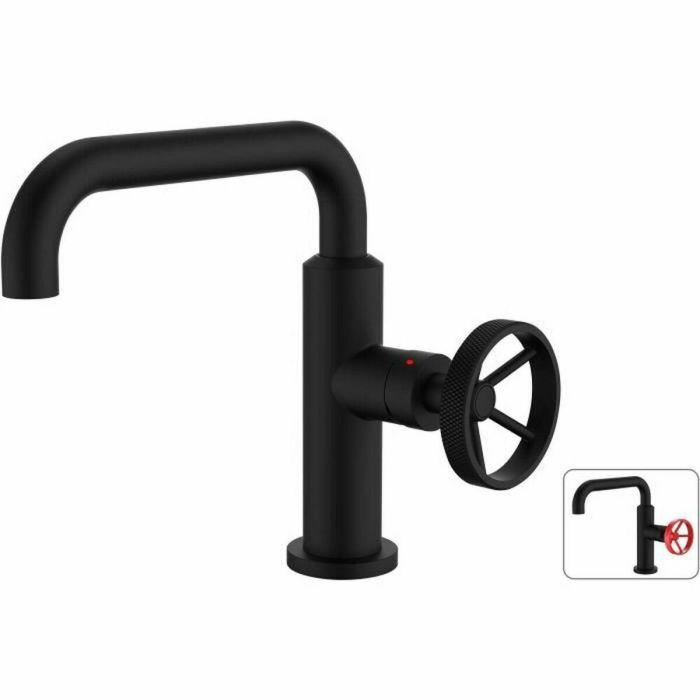 ROUSSEAU Mezclador de Lavabo Industrial Negro, Caño Móvil, Latón con Cartucho Cerámico 25mm y Manija Decorativa Roja Extra